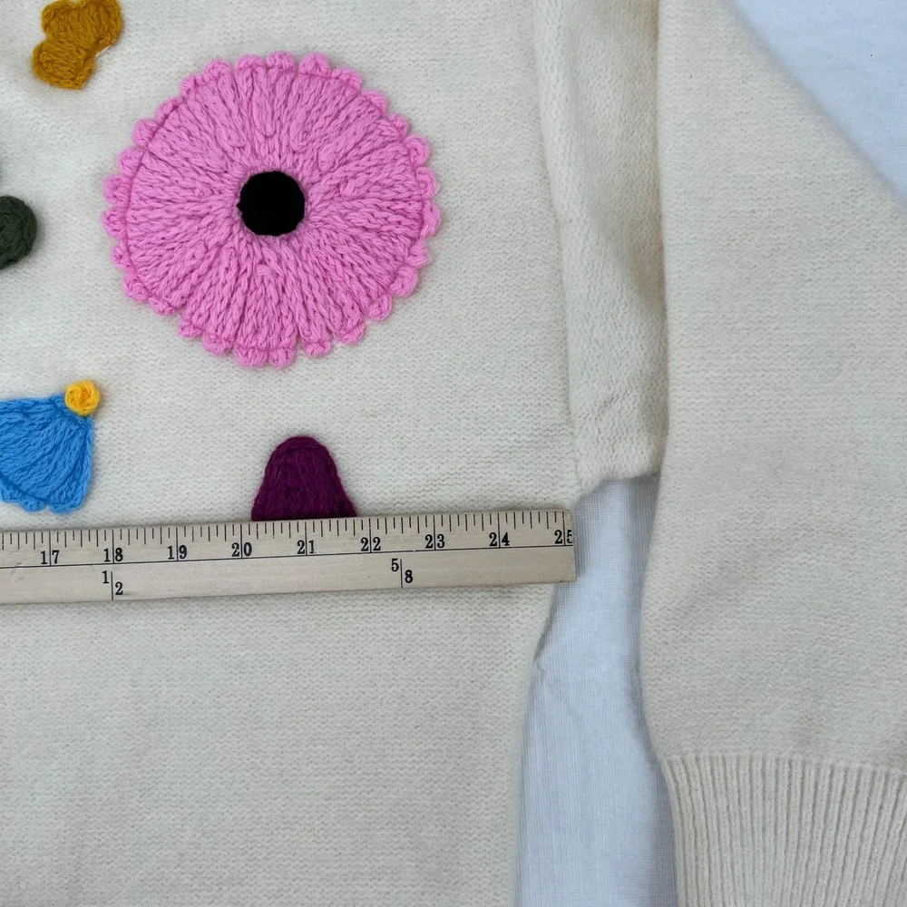 Cream Floral Crochet Applique Knit Sweater Womens 2X Pink Green Flower Pullover‎